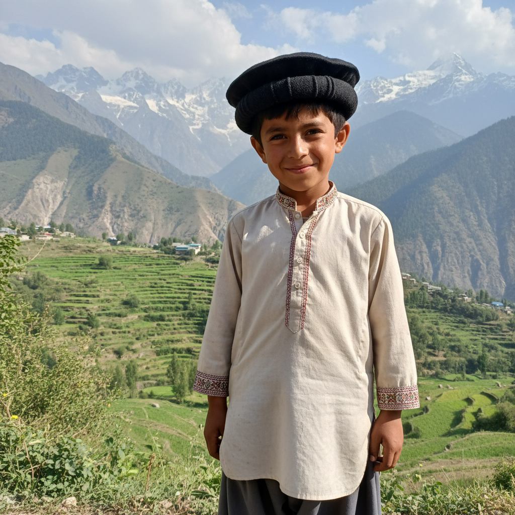Boy wearing Chitrali hat outdoors