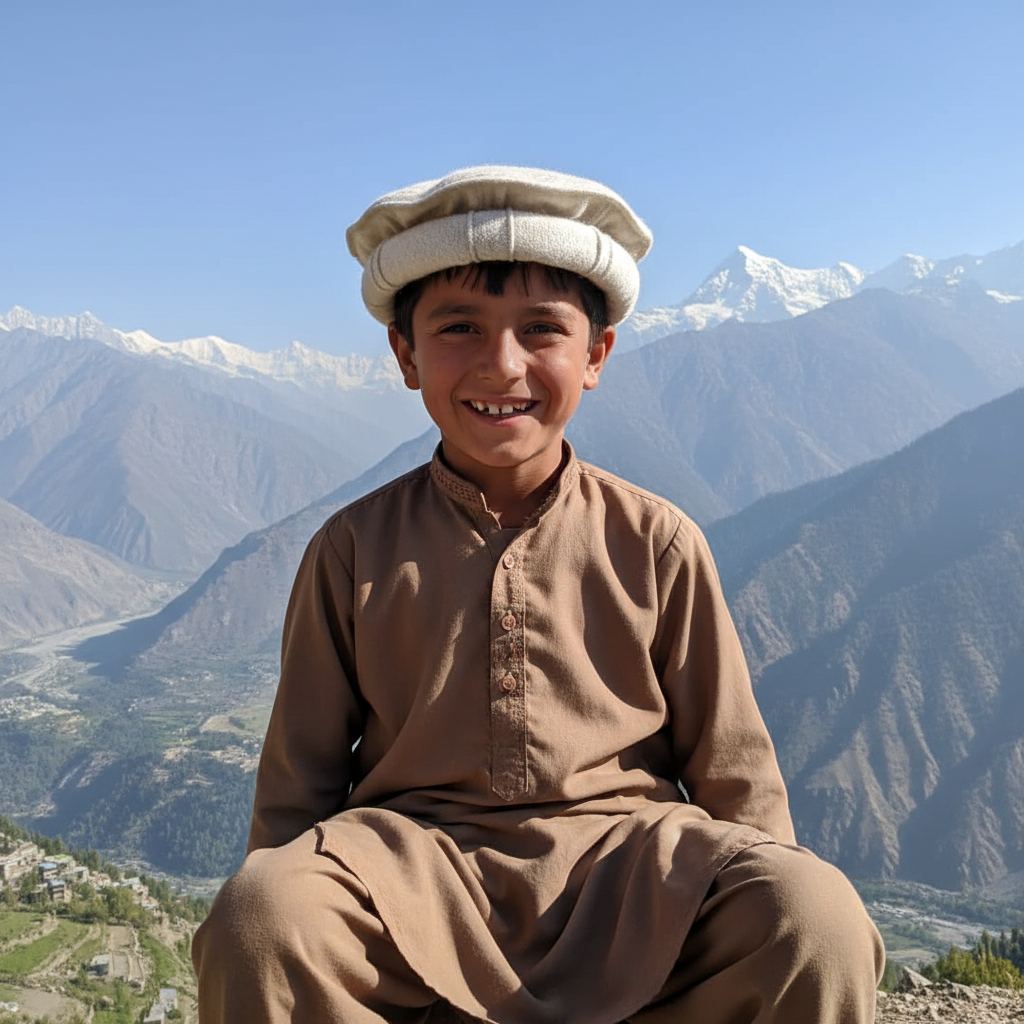 Boy wearing white Chitrali hat outdoors