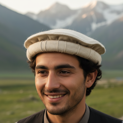 Close-up portrait with white Chitrali hat